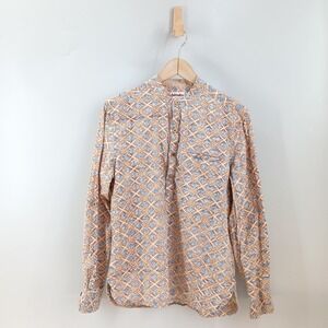 Fabindia Kurta Shirt Mens 36 Blue Tan Slim Fit Geometric Print Cotton Tunic Top